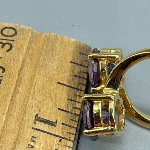 Gold Tone Bypass Ring with Dual Round Purple Stones Size 6 Statement Jewelry - Picture 7 of 7